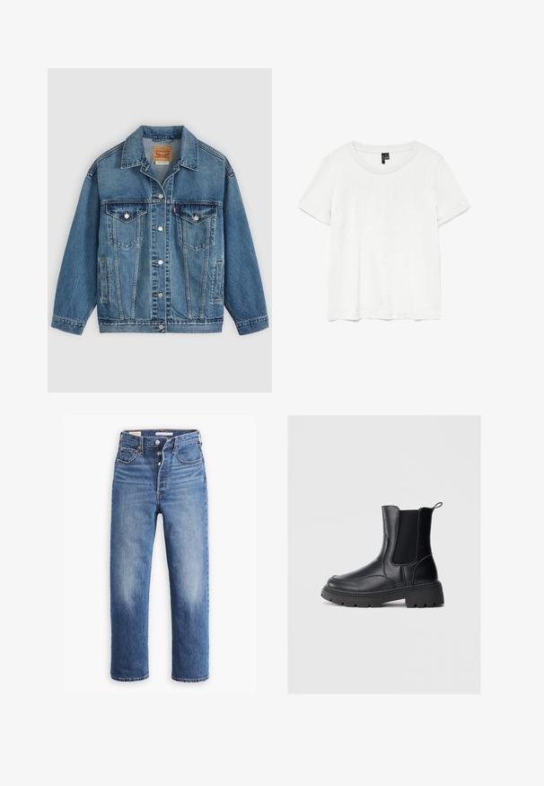 Chaqueta vaquera azul con botones en la parte delantera, dos bolsillos en el pecho con botones, bolsillos laterales y cuello, colocada plana sobre un fondo claro.; Camiseta blanca de manga corta con un cuello redondo, hecha de tejido ligero. Diseño simple, textura suave y dobladillo recto.; Vaqueros de mezclilla azul con cintura alta, diseño de pierna recta y áreas desgastadas. Presentan bolsillos frontales y herrajes de metal.; Botas chelsea negras de cuero liso, con paneles laterales elásticos, una suela gruesa y resistente, y una pestaña en la parte trasera para facilitar el calzado.