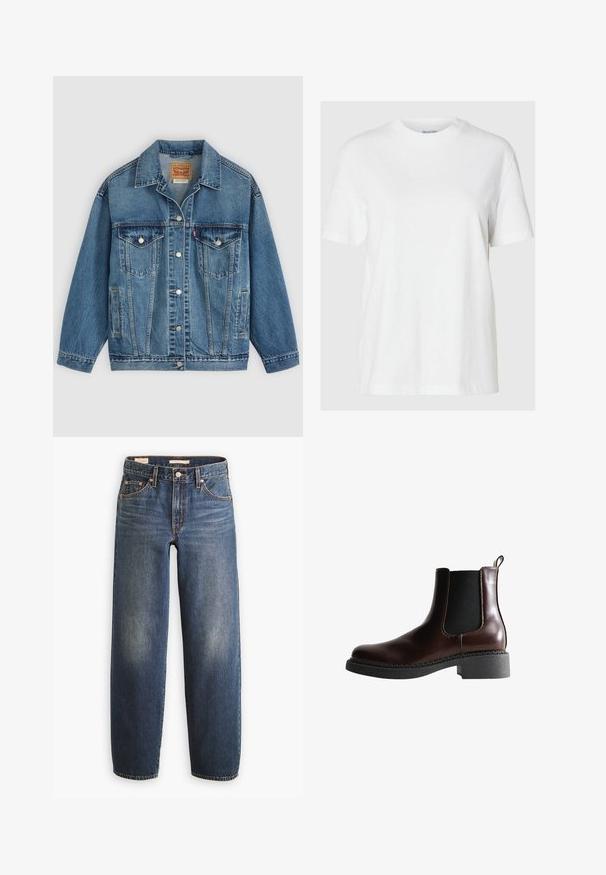 Blauwe spijkerjas met knoopsluiting aan de voorkant, twee borstzakken met knopen, zijzakken en een kraag, plat neergelegd op een lichte achtergrond.; Witte katoenen t-shirt met korte mouwen en een ronde halslijn. Heeft een relaxte pasvorm en een minimalistisch ontwerp zonder patronen of accenten.; Donkerblauwe spijkerbroeken met een rechte pijp, voorzien van vijf zakken, koperen klinknagels en subtiele vervaging op de dijen.; Bruine leren enkelboot met elastische zijpanelen, ronde neus en een gestructureerde zwarte rubberen zool. Heeft contrasterende stiksels en een lusje aan de achterkant.