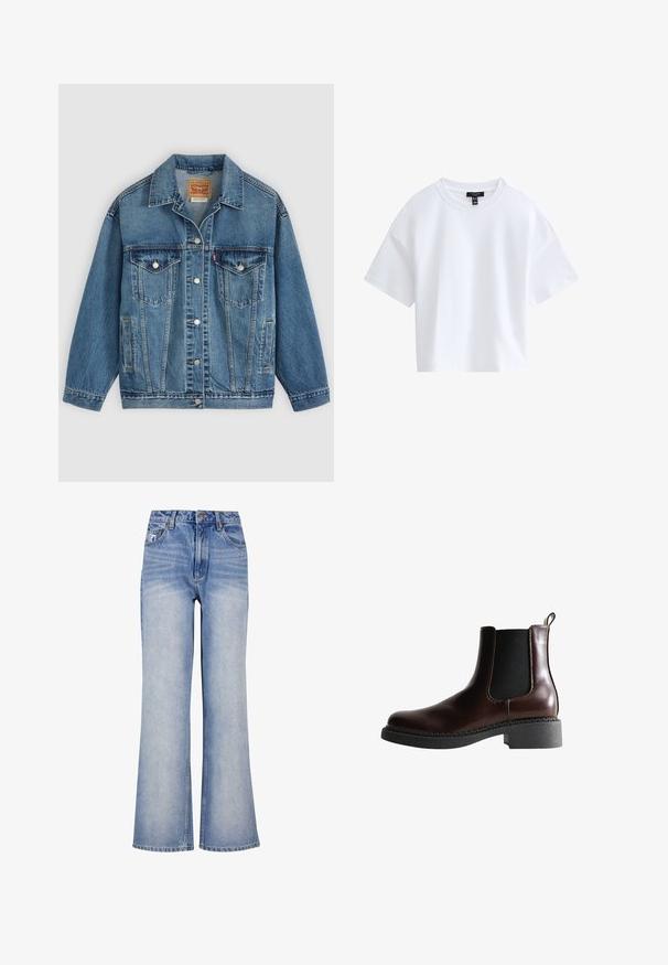 Blauwe spijkerjas met knoopsluiting aan de voorkant, twee borstzakken met knopen, zijzakken en een kraag, plat neergelegd op een lichte achtergrond.; Effen witte cropped T-shirt met korte mouwen, een ronde hals en een zwart merkembleem aan de binnenkant van de kraag.; Lichtblauwe denim wijde jeans hebben een hoge taille, knoopsluiting, subtiele vervaging en een klassiek design met vijf zakken.; Bruine leren enkelboot met elastische zijpanelen, ronde neus en een gestructureerde zwarte rubberen zool. Heeft contrasterende stiksels en een lusje aan de achterkant.