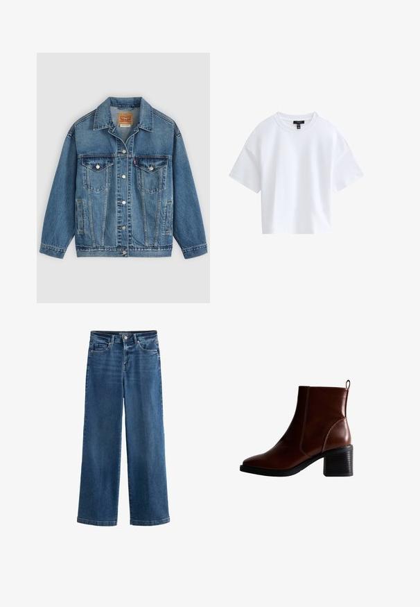 Blaue Denimjacke mit Knopfleiste vorne, zwei Brusttaschen mit Knöpfen, Seitentaschen und einem Kragen, flach auf einem hellen Hintergrund ausgelegt.; Schlichtes weißes kurzärmeliges Cropped-T-Shirt mit rundem Ausschnitt und schwarzem Markenlabel innen im Kragen.; Blaue weit geschnittene Jeans aus Denim mit hoher Taille, fünf Taschen, subtilen Abnutzungserscheinungen, Knopfverschluss und kontrastierenden Nähten.; Braune Leder-Ankle-Boots mit quadratförmiger Spitze und seitlicher Naht, einem 7,5 cm hohen Blockabsatz und einem Ziehhilfen an der Rückseite für einfaches An- und Ausziehen.