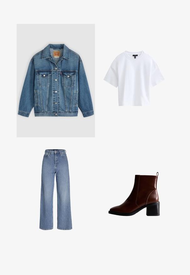Chaqueta vaquera azul con botones en la parte delantera, dos bolsillos en el pecho con botones, bolsillos laterales y cuello, colocada plana sobre un fondo claro.; Camiseta blanca sencilla de manga corta y corte cropped con escote redondo y etiqueta negra de la marca dentro del cuello.; Vaqueros de mezclilla azul claro de talle alto con perneras anchas, cierre frontal con botón y cremallera, y diseño de cinco bolsillos.; Botín de cuero marrón hasta el tobillo con punta cuadrada y costura lateral, un tacón apilado de 3 pulgadas y una lengüeta en la parte posterior para facilitar su colocación.