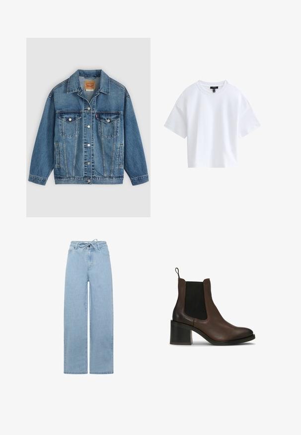 Blå denimjakke med knapper foran, to brystlommer med knapper, sidelommer og en krave, lagt fladt på en lys baggrund.; Simpel hvid kortærmet crop top med rund halsudskæring og sort mærke indeni kraven.; Lyseblå vidde jeans lavet af denim, med en snoretræk i taljen og et standard fem-lomme design. Stoffet har en glat tekstur.; Brune læderankelstøvler med elastiske sidepaneler, en blokhæl, glat tekstur og en trække-flap for nem påtagning.