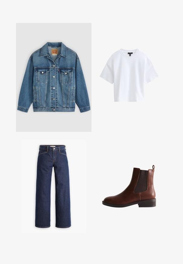 Blå denimjakke med knapper foran, to brystlommer med knapper, sidelommer og en krave, lagt fladt på en lys baggrund.; Simpel hvid kortærmet crop top med rund halsudskæring og sort mærke indeni kraven.; Mørkeblå denim jeans med høj talje, bred benklipp og diskret orange syninger. Har knap- og lynlåslukning foran.; Brun læder Chelsea ankelstøvle med elastisk sidepanel, træksløjfe bagpå og lavt stablet hæl.