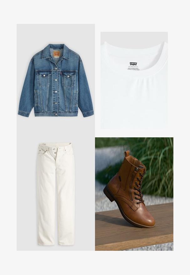 Blaue Denimjacke mit Knopfleiste vorne, zwei Brusttaschen mit Knöpfen, Seitentaschen und einem Kragen, flach auf einem hellen Hintergrund ausgelegt.; Weißes T-Shirt mit Rundhalsausschnitt und Levi's Markenlabel, das innen am Kragen eingenäht ist, hergestellt in Bangladesch.; Weiße, hoch taillierte Jeans mit geradem Bein, Knopfleiste, Vorder- und Gesäßtaschen sowie sichtbaren Kupfernieten an den Taschenecken.; Brauner Leder-Stiefelette mit seitlichem Reißverschluss und Schnürsenkeln, auf einer Holzoberfläche im Freien platziert, mit unscharfem Grün im Hintergrund.