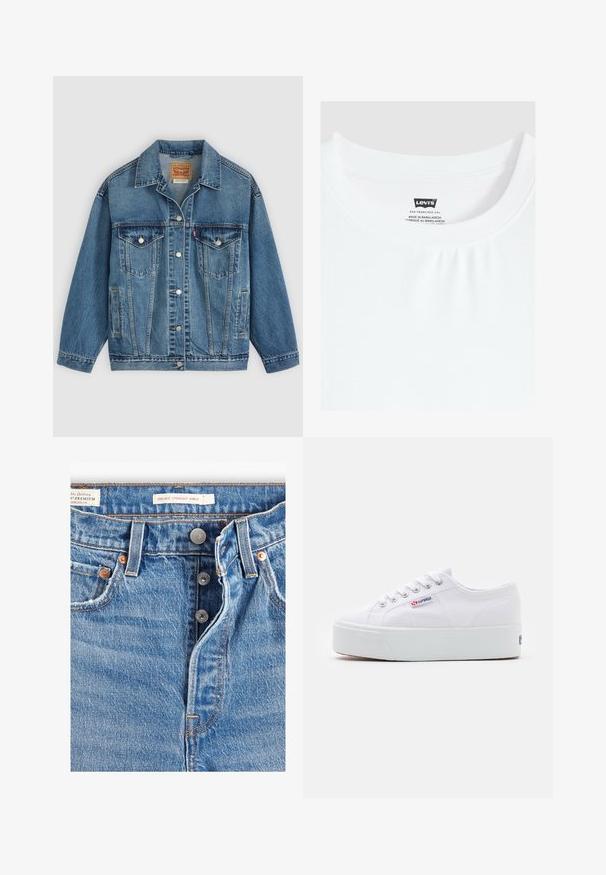 Chaqueta vaquera azul con botones en la parte delantera, dos bolsillos en el pecho con botones, bolsillos laterales y cuello, colocada plana sobre un fondo claro.; Camiseta blanca de cuello redondo con etiqueta de la marca Levi's cosida en el interior del cuello, fabricada en Bangladesh.; Jeans de mezclilla azul claro con corte recto a la altura del tobillo. Incluye cinco bolsillos, dos botones de metal y costuras naranjas visibles. Etiquetas presentes.; Zapatilla de lona blanca con una gruesa suela de plataforma blanca, punta redonda y ojales de metal para los cordones. Logotipo de la marca mostrado en el lateral.