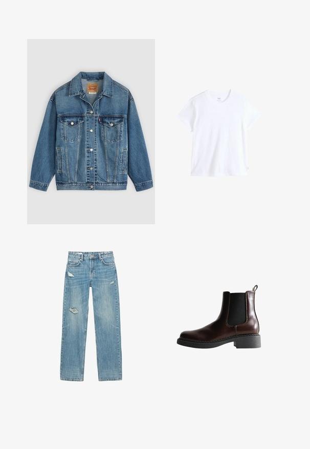 Blå denimjakke med knapper foran, to brystlommer med knapper, sidelommer og en krave, lagt fladt på en lys baggrund.; Hvid bomuld t-shirt med korte ærmer, rund halsudskæring og lige kant. Har en lille rød logoetiket på nederste venstre side.; Lyseblå, straight-leg jeans lavet af denim. Har sammensmeltede huller på fronten, falmede tekstur og fem lommer med metalhardware.; Brune læder ankelstøvle med elastiske sidepaneler, rund tå og en struktureret sort gummisål. Har kontrasterende syninger og en trækflap.