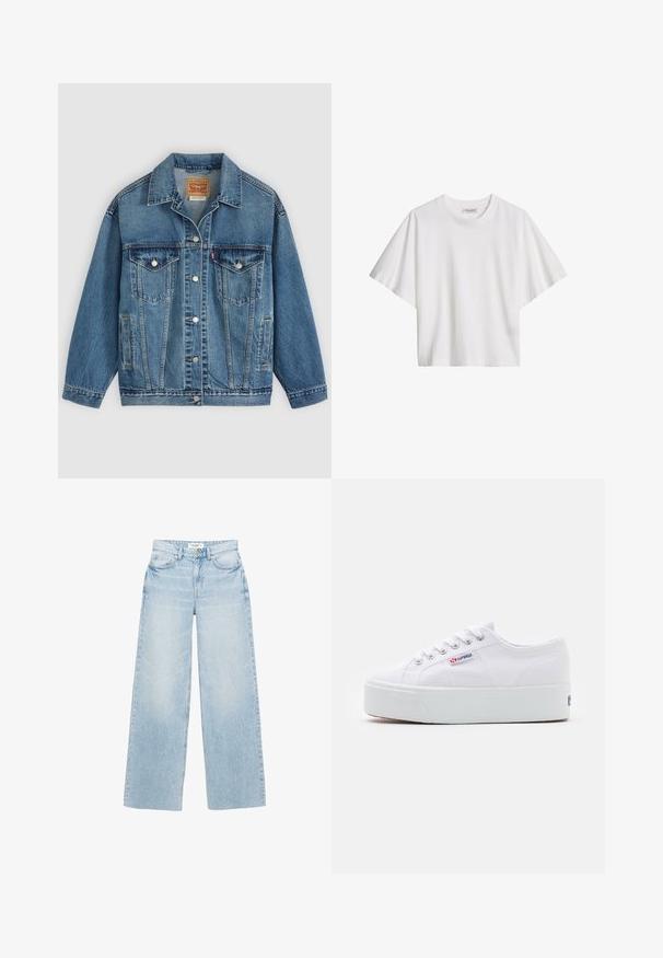 Veste en jean bleu avec fermeture à boutons à l'avant, deux poches poitrine avec boutons, poches latérales et col, posée à plat sur un fond clair.; T-shirt blanc en coton, manches courtes, coupe ample, col rond et étiquette de marque à l'intérieur du col.; Jean large à lavage clair en denim. Caractérisé par une taille haute, cinq poches et une fermeture éclair avec bouton. Texture légèrement usée.; Baskets en toile blanches avec une épaisse semelle plateforme blanche, bout rond et œillets en métal pour les lacets. Logo de la marque affiché sur le côté.