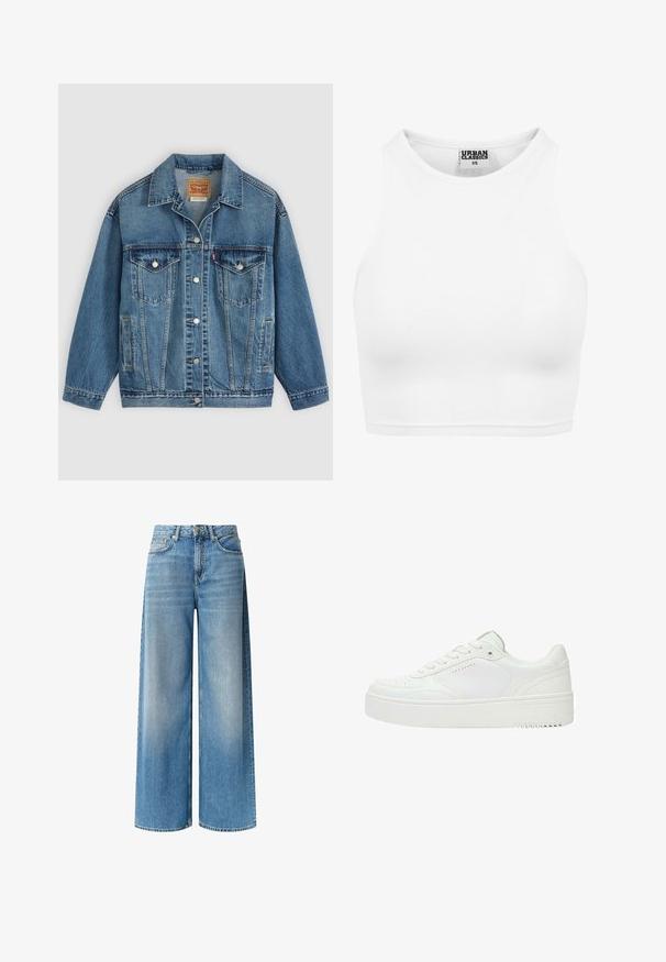 Blauwe spijkerjas met knoopsluiting aan de voorkant, twee borstzakken met knopen, zijzakken en een kraag, plat neergelegd op een lichte achtergrond.; Witte geribde cropped tanktop met hoge halslijn en "Urban Classics XS" label aan de binnenkant van de kraag.; Brede blauwe denim jeans hebben een lichte wassing, hoge taille, voorzakken en een subtiele vervagingseffect langs de benen. Afgewerkt met een knoopsluiting.; Lage witte sneaker met veterluiting aan de voorkant, geperforeerde details op de neus en zijkant, en dikke rubberen zool.
