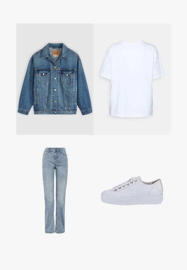 Veste en jean bleu avec fermeture à boutons à l'avant, deux poches poitrine avec boutons, poches latérales et col, posée à plat sur un fond clair.; T-shirt à manches courtes en coton blanc uni, présenté de dos sur un fond gris clair.; Jean bleu clair taille haute à jambes droites avec poches avant, passants de ceinture, fermeture éclair et bouton sur fond blanc.; Baskets blanches en cuir au toucher lisse, à bout arrondi et semelle blanche surélevée. Présentent des œillets en métal argenté et des lacets plats.