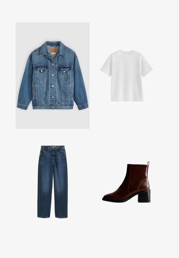 Chaqueta vaquera azul con botones en la parte delantera, dos bolsillos en el pecho con botones, bolsillos laterales y cuello, colocada plana sobre un fondo claro.; Camiseta blanca lisa de manga corta con cuello redondo, ajuste regular y textura de tela suave sobre un fondo blanco.; Jeans de pierna ancha de color azul oscuro con cintura alta, bolsillos frontales y textura de denim clásica. Acabados con detalles de costura sutiles y aberturas de pierna recta.; Botín de cuero marrón hasta el tobillo con punta cuadrada y costura lateral, un tacón apilado de 3 pulgadas y una lengüeta en la parte posterior para facilitar su colocación.