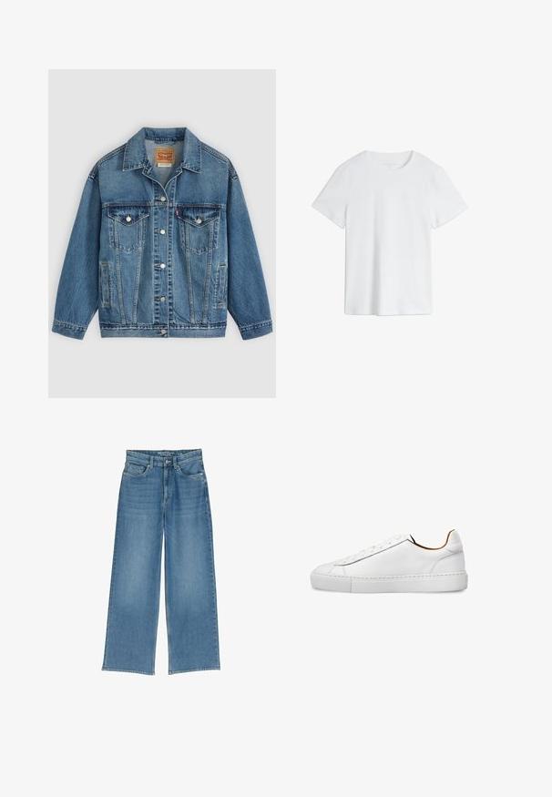 Blå denimjakke med knapper foran, to brystlommer med knapper, sidelommer og en krave, lagt fladt på en lys baggrund.; Almindelig hvid t-shirt med korte ærmer og rund hals i almindelig pasform på hvid baggrund.; Lyseblå jeans med bred benvidde og høj talje, fem lommer og synlig syning; stoffet har en let struktureret overflade.; Hvid lavtop lædersneaker med rent design, rund tå og flad gummisål vist i profil.