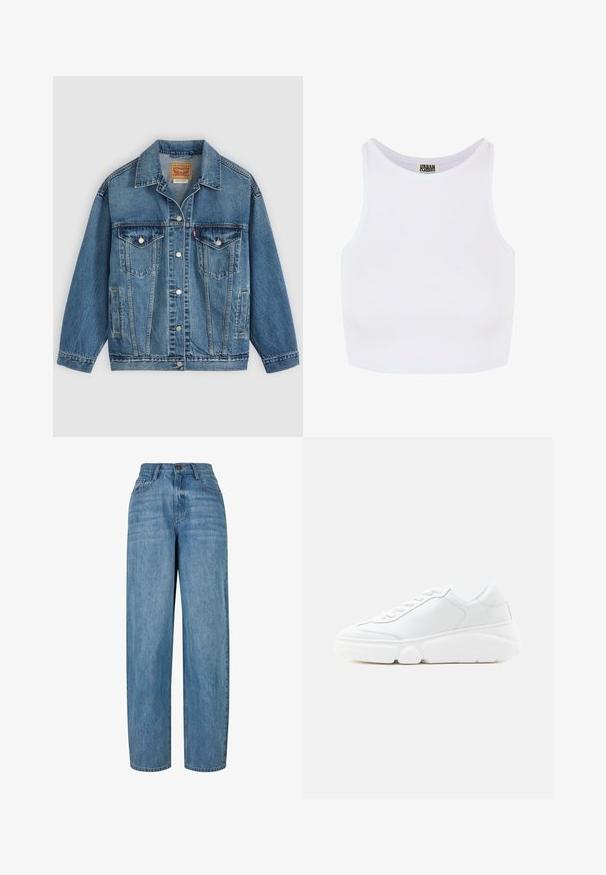 Veste en jean bleu avec fermeture à boutons à l'avant, deux poches poitrine avec boutons, poches latérales et col, posée à plat sur un fond clair.; Débardeur court blanc à côtes avec de larges bretelles et un col rond. Il présente une texture douce et un design minimaliste sans motifs.; Jean en denim bleu clair avec une coupe droite, doté d'une fermeture à bouton, de cinq poches et d'un léger délavage sur l'ensemble du tissu.; Baskets basses blanches avec semelle épaisse, fermeture à lacets à l'avant et dessus en cuir lisse, montrées de profil sur fond blanc.