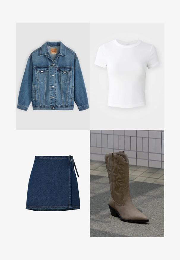 Blauwe spijkerjas met knoopsluiting aan de voorkant, twee borstzakken met knopen, zijzakken en een kraag, plat neergelegd op een lichte achtergrond.; Effen witte cropped t-shirt met korte mouwen en ronde hals, weergegeven op een neutrale lichte achtergrond.; Denimrok met een wikkelontwerp, donkerblauwe kleur en een gestrikt midden. Bevat stikdetails langs de zoom en de zijnaad.; Lage beige suède cowboylaars met decoratieve stiksels en studs, voorzien van een puntige neus en een schuin lopende zwarte hak, staand op een betonnen ondergrond.