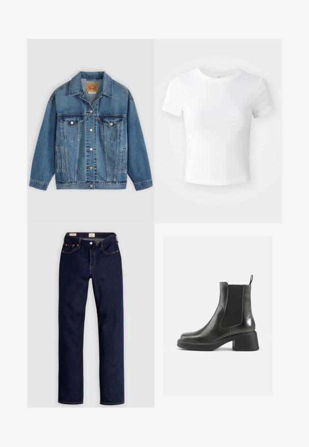 Blå denimjakke med knapper foran, to brystlommer med knapper, sidelommer og en krave, lagt fladt på en lys baggrund.; Simpel hvid kortærmet cropped t-shirt med rund halsudskæring, præsenteret på en neutral lys baggrund.; Mørkeblå jeans med lige ben, orange syninger, fem lommer og knaplukning, lagt fladt på en lys baggrund.; Sorte læder ankelstøvler med en glat finish, elastiske sidepaneler og en kraftig hæl. Har en strop for nemmere påtagning.