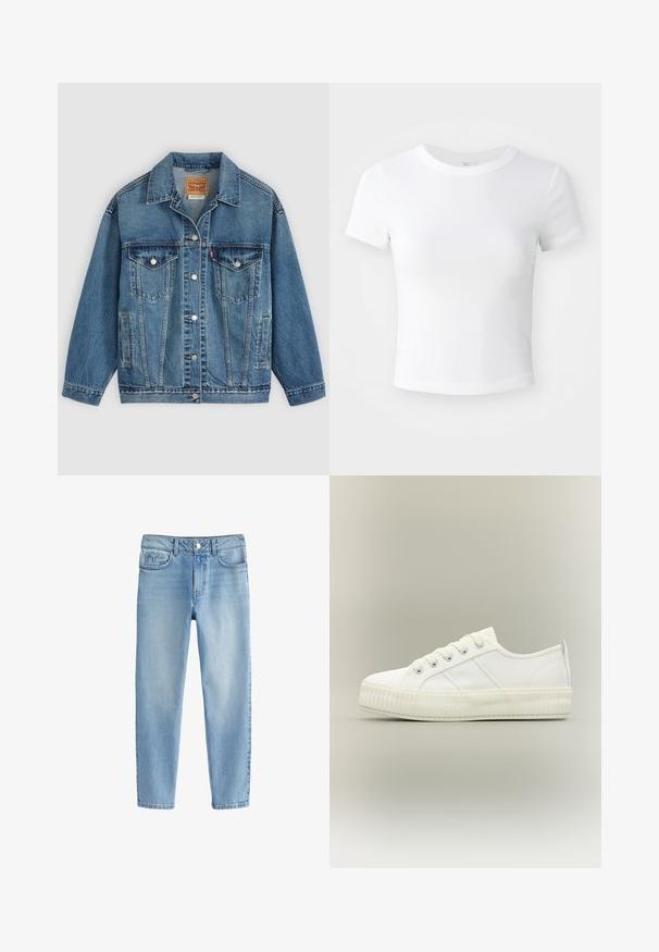 Blauwe spijkerjas met knoopsluiting aan de voorkant, twee borstzakken met knopen, zijzakken en een kraag, plat neergelegd op een lichte achtergrond.; Effen witte cropped t-shirt met korte mouwen en ronde hals, weergegeven op een neutrale lichte achtergrond.; Lichtblauwe katoenen denim jeans met een rechte pijpdesign, voorzien van vijf zakken en een knoopsluiting bij de taille.; Witte lage sneaker met dikke geribde zool, veters aan de voorkant en trek-lus aan de hiel tegen een neutrale achtergrond.