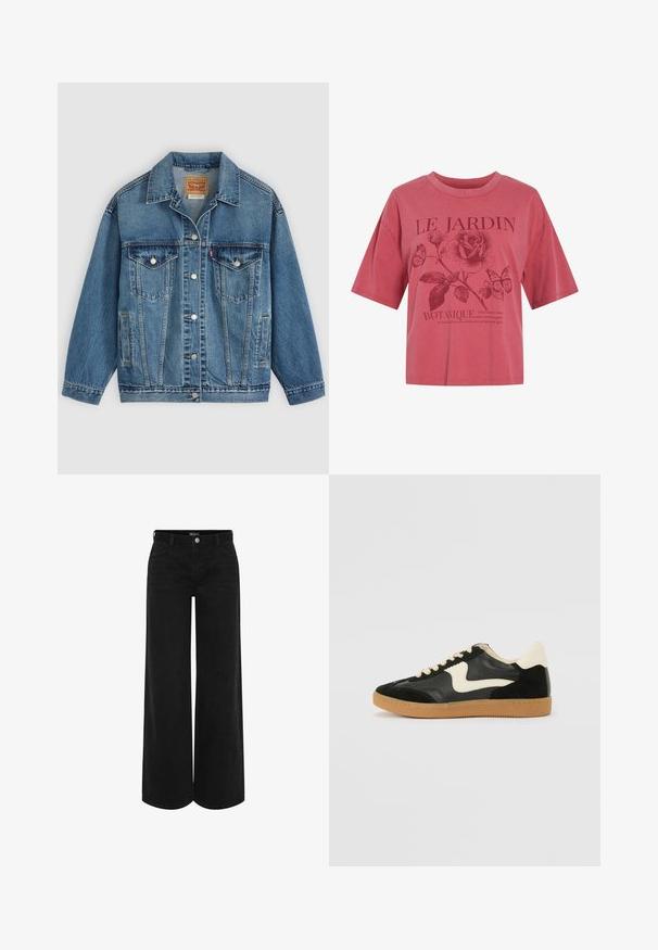 Chaqueta vaquera azul con botones en la parte delantera, dos bolsillos en el pecho con botones, bolsillos laterales y cuello, colocada plana sobre un fondo claro.; Camiseta rosa de manga corta con cuello redondo, con una rosa, dos mariposas y el texto "LE JARDIN BOTANIQUE" y una frase más pequeña debajo.; Pantalones de mezclilla negros de pierna ancha con cintura alta, que cuentan con un cierre frontal con botón, dos bolsillos laterales y un diseño clásico de cinco bolsillos.; Zapatillas de deporte de ante y cuero negro con un swoosh lateral en crema y un talón en crema claro. Presenta cordones beige y una suela de goma marrón.