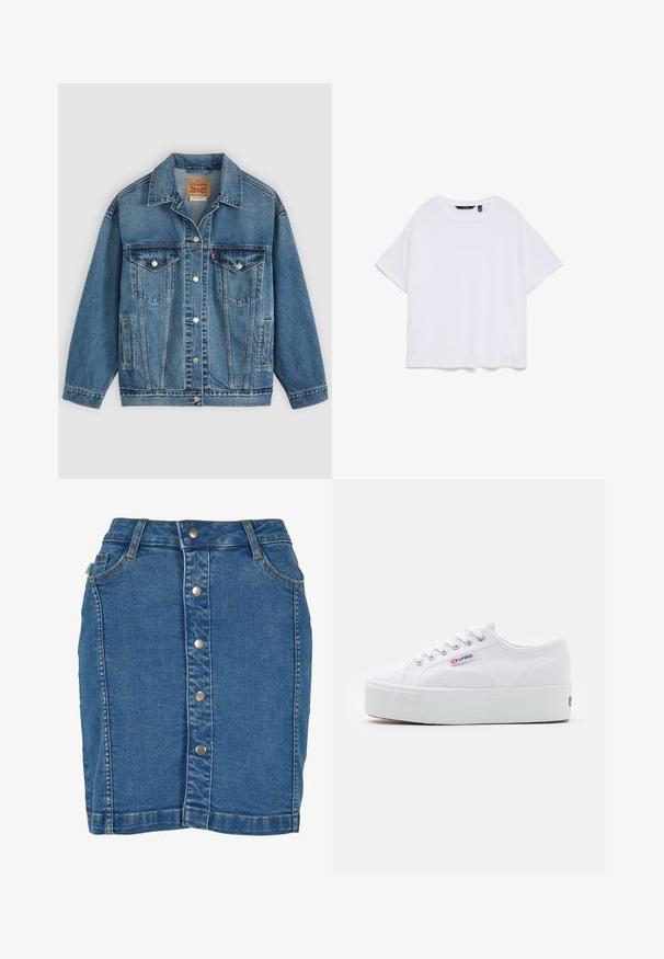 Blauwe spijkerjas met knoopsluiting aan de voorkant, twee borstzakken met knopen, zijzakken en een kraag, plat neergelegd op een lichte achtergrond.; Effen wit katoenen T-shirt met korte mouwen en ronde hals, platliggend op een witte achtergrond.; Denim rok met een sluiting aan de voorkant met knopen, een aansluitend ontwerp, lichtblauwe kleur en subtiele stiksels.; Witte canvas sneaker met een dikke witte platformzool, ronde neus en metalen oogjes voor veters. Merkl logo aan de zijkant weergegeven.