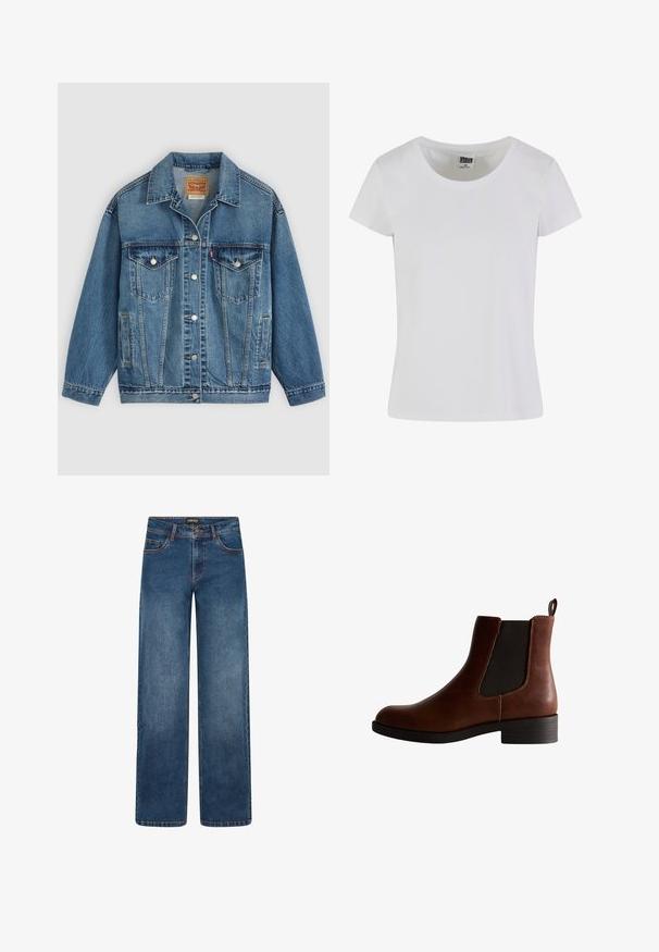 Blauwe spijkerjas met knoopsluiting aan de voorkant, twee borstzakken met knopen, zijzakken en een kraag, plat neergelegd op een lichte achtergrond.; Witte, korte mouwen t-shirt gemaakt van katoen. Heeft een ronde hals en een slim-fit vorm. Etiket zegt "URBAN CLASSICS."; Wijde spijkerbroek met medium blauwe wassing. Heeft vijf zakken, knoop- en ritssluiting, en dubbel gestikte naden. Duurzame stof.; Bruine leren enkelboot met elastische zijkanten, ronde neus en een lage blokhak. Kenmerkt zich door contrasterende stiksels en een trekband.