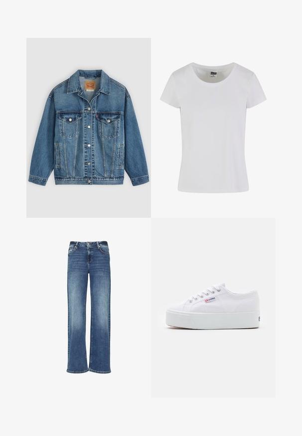 Blaue Denimjacke mit Knopfleiste vorne, zwei Brusttaschen mit Knöpfen, Seitentaschen und einem Kragen, flach auf einem hellen Hintergrund ausgelegt.; Weißes T-Shirt mit kurzen Ärmeln aus Baumwolle. Mit einem runden Ausschnitt und einer taillierten Form. Das Etikett trägt die Aufschrift "URBAN CLASSICS."; Weite blaue Denim-Jeans mit einem verblassten Waschung, Knopfverschluss und Fünf-Taschen-Design. Merkmale sind gerade und lockere Passform.; Weiße Leinenschuhe mit einer dicken weißen Plattformsohle, runder Zehenpartie und Metallösen für die Schnürsenkel. Markenlogo an der Seite angebracht.