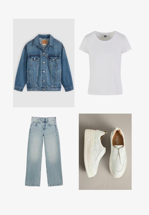 Blaue Denimjacke mit Knopfleiste vorne, zwei Brusttaschen mit Knöpfen, Seitentaschen und einem Kragen, flach auf einem hellen Hintergrund ausgelegt.; Weißes T-Shirt mit kurzen Ärmeln aus Baumwolle. Mit einem runden Ausschnitt und einer taillierten Form. Das Etikett trägt die Aufschrift "URBAN CLASSICS."; Helle, blaue Denim-Hosen mit weitem Bein und hoher Taille, ausgestattet mit fünf Taschen, einem Knopfverschluss und dezentem Ausbleichen für einen getragenen Effekt.; Weiße Leder-Slipper mit runder Spitze, strukturierter Oberfläche, kontrastierender Naht und weißer Gummisohle. Verfügen über eine Zuglasche an der Ferse.