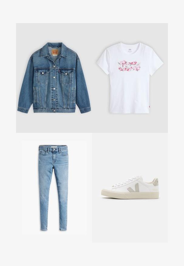 Blå denimjakke med knapper foran, to brystlommer med knapper, sidelommer og en krave, lagt fladt på en lys baggrund.; Hvid bomuld t-shirt med et blomsterprintet "Levi's" logo i pink, korte ærmer og rund halsudskæring. Glat tekstur, enkel form.; Lyseblå super skinny jeans med frontknap og lynlås, bæltestropper og fem lommers design.; Hvide sneakers lavet af læder med grå V-logo detaljer, struktureret gummisål, hvide snørebånd samt polstret tunge og krave.