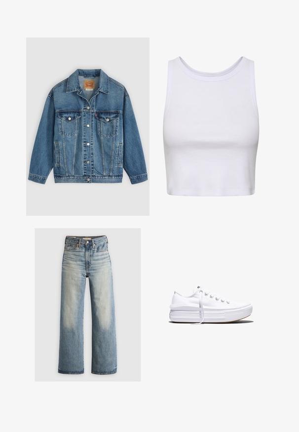 Blå denimjakke med knapper foran, to brystlommer med knapper, sidelommer og en krave, lagt fladt på en lys baggrund.; Hvid crop-top lavet af ribbet stof, med en rund halsudskæring og ærmeløs design samt en figursyet silhuet. Ingen mønstre eller detaljer.; Lysevaskede, blå denim bredbenede jeans med høj talje, fem lommer og messingdetaljer. Aftagende nuancer foran og bagpå.; Hvid lavt snørestøvle med tyk plateau-sål, snørelukning foran og gummiforstærket tåkap, set i sideprofil.