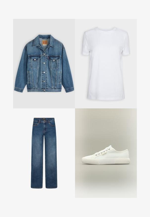 Chaqueta vaquera azul con botones en la parte delantera, dos bolsillos en el pecho con botones, bolsillos laterales y cuello, colocada plana sobre un fondo claro.; Camiseta blanca lisa de manga corta con cuello redondo, ajuste regular y una pequeña etiqueta interior en el cuello que dice "SELECTED FEMME."; Vaqueros de pierna ancha en lavado azul medio. Cuentan con cinco bolsillos, cierre de botón y cremallera, y costuras doblemente reforzadas. Tejido duradero.; Zapatilla blanca de lona de corte bajo con suela de goma texturizada, cordones blancos y pequeña etiqueta de Calvin Klein en el lateral.