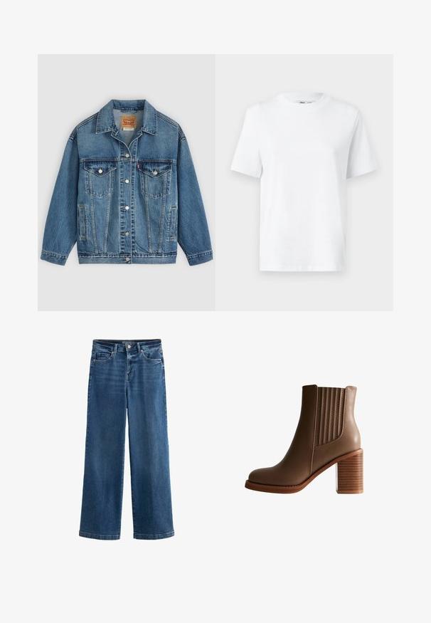 Blauwe spijkerjas met knoopsluiting aan de voorkant, twee borstzakken met knopen, zijzakken en een kraag, plat neergelegd op een lichte achtergrond.; Witte katoenen T-shirt met ronde hals, korte mouwen en een gladde textuur. Ontworpen met een comfortabele en veelzijdige relaxte pasvorm.; Blauwe wijde jeans van denim, met een hoge taille, vijf zakken, subtiele vervaging, knoopsluiting en contrasterende stiksels.; Bruine leren enkelboot met gestapelde blokhak en elastische zijpanelen voor makkelijke instap, weergegeven in profielweergave op een witte achtergrond.