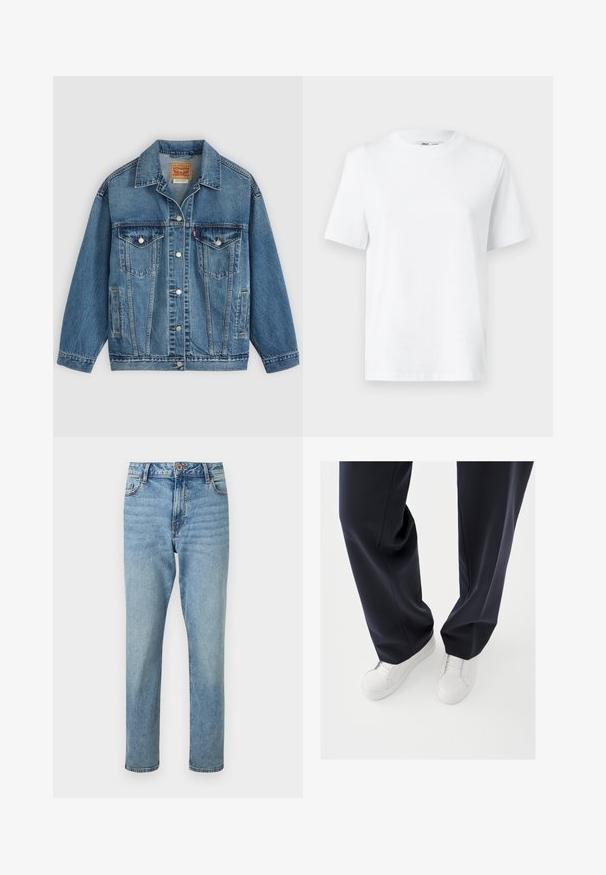 Blå denimjakke med knapper foran, to brystlommer med knapper, sidelommer og en krave, lagt fladt på en lys baggrund.; Hvid bomulds T-shirt med rund hals, kortærmet og en glat tekstur. Designet med en afslappet pasform for komfort og alsidighed.; Lyseblå højtaljede jeans med rette ben, forsideknap og lynlåslukning, forlommer og subtile falmede detaljer.; Hvide sneakers med teksturerede gummisåler og flade snørebånd, kombineret med mørkeblå bukser i løs, glat stof og skræddersyet pasform.