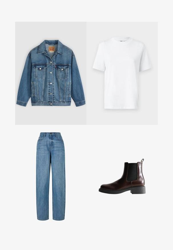 Blå denimjakke med knapper foran, to brystlommer med knapper, sidelommer og en krave, lagt fladt på en lys baggrund.; Hvid bomulds T-shirt med rund hals, kortærmet og en glat tekstur. Designet med en afslappet pasform for komfort og alsidighed.; Lyseblå denimjeans med lige ben-design, der har en knaplukning, fem lommer og subtilt slid i stoffet.; Brune læder ankelstøvle med elastiske sidepaneler, rund tå og en struktureret sort gummisål. Har kontrasterende syninger og en trækflap.