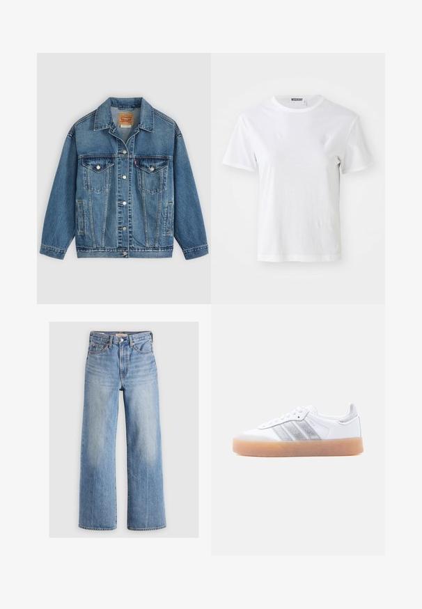 Chaqueta vaquera azul con botones en la parte delantera, dos bolsillos en el pecho con botones, bolsillos laterales y cuello, colocada plana sobre un fondo claro.; Camiseta blanca de manga corta hecha de una tela suave. Cuenta con un escote redondo y un corte recto, con una etiqueta en el cuello interior.; Pantalones vaqueros de mezclilla de corte ancho en azul claro, con cintura alta, zonas desteñidas, cinco bolsillos y costuras en contraste. Cierre clásico con botón y cremallera.; Zapatilla blanca de perfil bajo con suela de goma, acentos laterales plateados a rayas y cierre de cordones, mostrada sobre un fondo claro y liso.