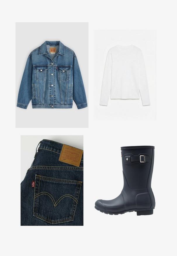 Veste en jean bleu avec fermeture à boutons à l'avant, deux poches poitrine avec boutons, poches latérales et col, posée à plat sur un fond clair.; T-shirt blanc uni à manches longues et col rond, posé à plat sur une surface blanche, montrant l'avant et la longueur complète des manches.; Jean Levi’s bleu foncé montrant la poche arrière avec une couture jaune et une étiquette en cuir marron Levi Strauss sur la ceinture.; Botte de pluie en caoutchouc noir avec un embout arrondi, une semelle texturée et un détail de sangle ajustable. Surface lisse avec une finition mate.