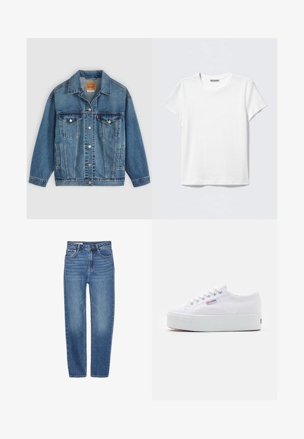 Veste en jean bleu avec fermeture à boutons à l'avant, deux poches poitrine avec boutons, poches latérales et col, posée à plat sur un fond clair.; T-shirt blanc simple à manches courtes et col rond avec une étiquette "WEEKDAY" à l'intérieur du col, présenté sur un fond gris clair.; Jean en denim bleu avec une coupe straight, style cinq poches et une taille haute. Présente un léger délavage et des coutures contrastées.; Baskets en toile blanches avec une épaisse semelle plateforme blanche, bout rond et œillets en métal pour les lacets. Logo de la marque affiché sur le côté.