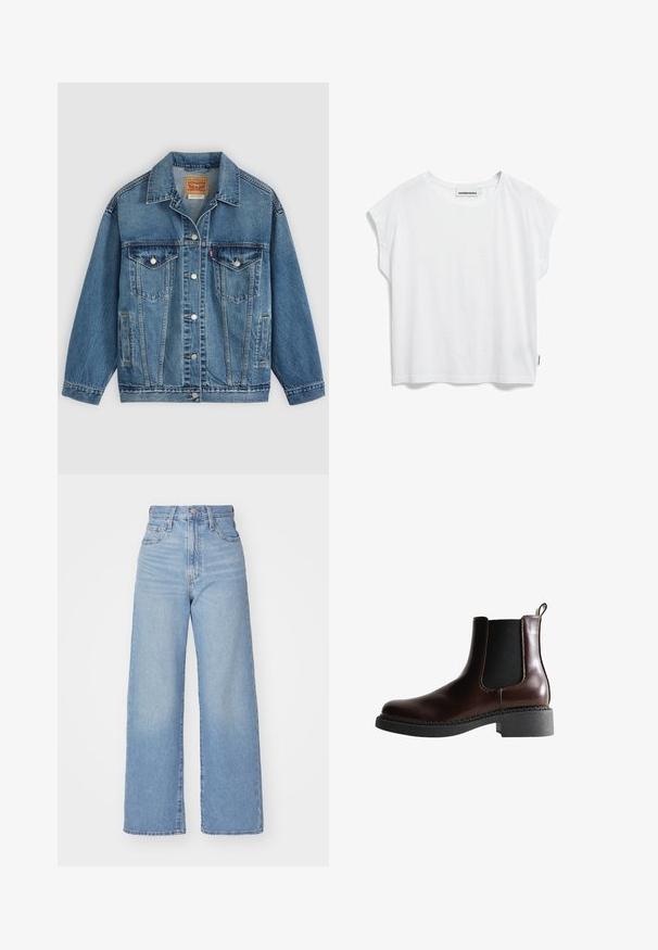 Veste en jean bleu avec fermeture à boutons à l'avant, deux poches poitrine avec boutons, poches latérales et col, posée à plat sur un fond clair.; T-shirt blanc à manches courtes avec un col rond, fabriqué en tissu doux. Présente une coupe ample et des bords francs aux manches et à l'ourlet.; Jean large taille haute bleu clair avec bouton et fermeture éclair à l'avant, poches avant et arrière, sur fond blanc.; Bottine en cuir marron avec des panneaux élastiques sur les côtés, bout rond et semelle en caoutchouc noir texturé. Comprend des coutures contrastées et une languette.