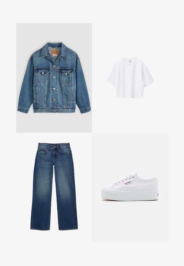 Blauwe spijkerjas met knoopsluiting aan de voorkant, twee borstzakken met knopen, zijzakken en een kraag, plat neergelegd op een lichte achtergrond.; Witte cropped T-shirt van zacht katoen met een ronde hals, korte mouwen en een comfortabele pasvorm. Eenvoudig en veelzijdig ontwerp.; Blauwe wijde spijkerbroeken van denim met een verweerde afwerking, voorzien van vijf zakken, een knoopsluiting aan de voorkant en zichtbare stikseldetails.; Witte canvas sneaker met een dikke witte platformzool, ronde neus en metalen oogjes voor veters. Merkl logo aan de zijkant weergegeven.