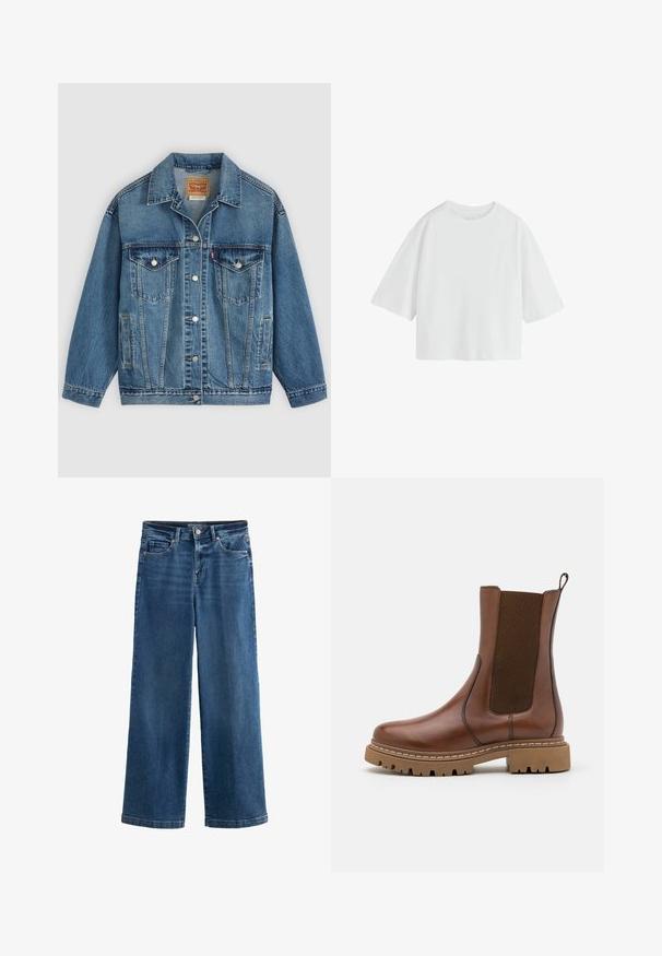 Blaue Denimjacke mit Knopfleiste vorne, zwei Brusttaschen mit Knöpfen, Seitentaschen und einem Kragen, flach auf einem hellen Hintergrund ausgelegt.; Schlichtes weißes oversized T-Shirt mit kurzen Ärmeln, rundem Ausschnitt und lockerem Schnitt.; Blaue weit geschnittene Jeans aus Denim mit hoher Taille, fünf Taschen, subtilen Abnutzungserscheinungen, Knopfverschluss und kontrastierenden Nähten.; Braune Leder-Ankle-Boots mit elastischen Einsätzen und einem Ziehschlaufe. Sie verfügen über eine robuste Gummisohle und sichtbare Nahtdetails entlang der Kanten.