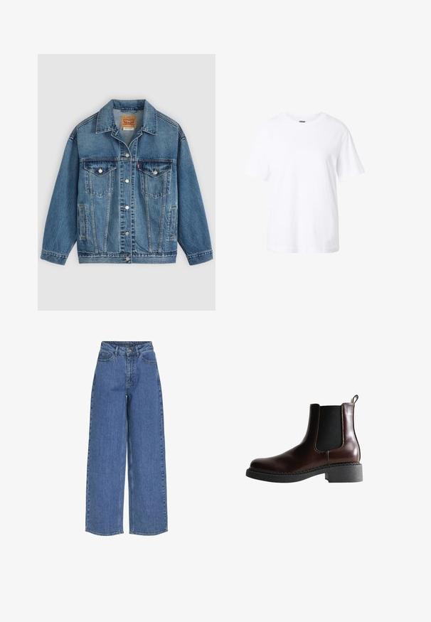 Blauwe spijkerjas met knoopsluiting aan de voorkant, twee borstzakken met knopen, zijzakken en een kraag, plat neergelegd op een lichte achtergrond.; Effen witte T-shirt met korte mouwen en een ronde hals, een losse pasvorm en een klein label aan de binnenkant van de kraag.; Wijde blauwe jeans met een hoge taille, gemaakt van denim stof. Voorzien van voorzakken en een knoopsluiting. Klassiek casual ontwerp.; Bruine leren enkelboot met elastische zijpanelen, ronde neus en een gestructureerde zwarte rubberen zool. Heeft contrasterende stiksels en een lusje aan de achterkant.