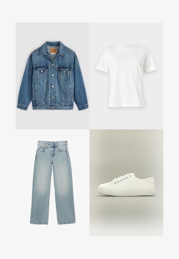Blauwe spijkerjas met knoopsluiting aan de voorkant, twee borstzakken met knopen, zijzakken en een kraag, plat neergelegd op een lichte achtergrond.; Witte katoenen t-shirt met korte mouwen, ronde halslijn en een ontspannen pasvorm. Gladde textuur, geen patronen of accenten, minimalistisch ontwerp.; Lichtblauwe denim wijde jeans met een hoge taille, voorzien van vijf zakken, een knoopsluiting en subtiele vervaging voor een versleten effect.; Witte lage sneaker met witte veters en rubberen zool, zijaanzicht op een neutrale achtergrond.