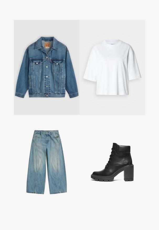 Blaue Denimjacke mit Knopfleiste vorne, zwei Brusttaschen mit Knöpfen, Seitentaschen und einem Kragen, flach auf einem hellen Hintergrund ausgelegt.; Weißes, kurz geschnittenes T-Shirt mit kurzen Ärmeln und Rundhalsausschnitt, aus weichem Baumwollmaterial, mit einem einfachen und klaren Design.; Hellblaue Jeans mit weitem Bein, vorne und hinten Taschen, Gürtelschlaufen und sichtbaren Nahtdetails an den Beinen.; Schwarze Leder-Stiefelette mit einem klobigen Absatz, Schnürdesign und strukturiertem Gummisohl; besitzt ein kleines geprägtes Logo an der Seite.