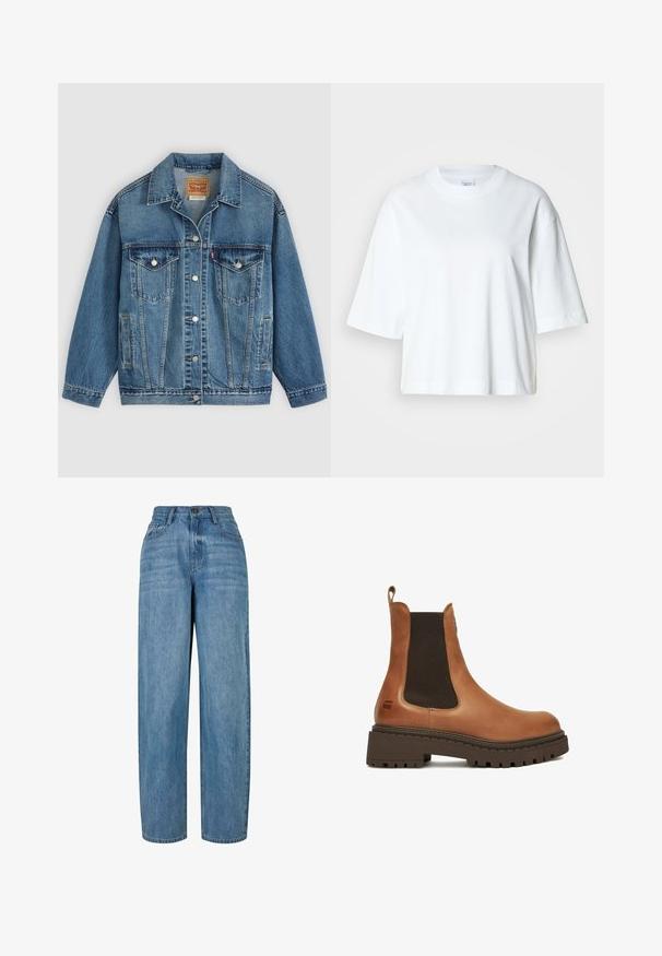 Blå denimjakke med knapper foran, to brystlommer med knapper, sidelommer og en krave, lagt fladt på en lys baggrund.; Hvid cropped t-shirt med korte ærmer, rund halsudskæring, lavet af blødt bomuldsmateriale, med et enkelt og rent design.; Lyseblå denimjeans med lige ben-design, der har en knaplukning, fem lommer og subtilt slid i stoffet.; Brun læder Chelsea-støvle med tyk sort gummisål og elastiske sidepaneler, med trækflig bagpå.