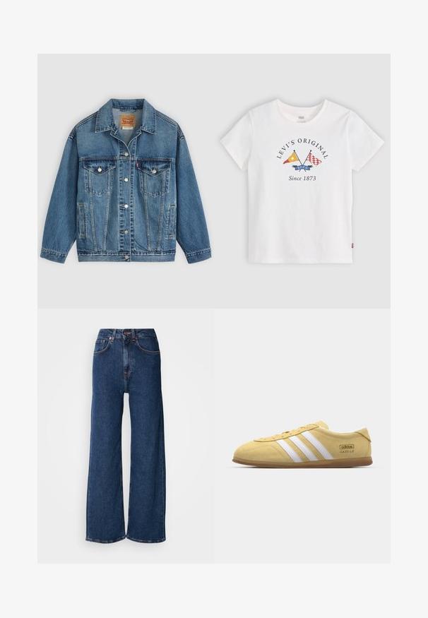 Veste en jean bleu avec fermeture à boutons à l'avant, deux poches poitrine avec boutons, poches latérales et col, posée à plat sur un fond clair.; T-shirt blanc à manches courtes Levi's avec des drapeaux jaunes et rouges croisés et le texte "Levi's Original Since 1873" au centre devant.; Jean à jambes larges en denim bleu foncé. Taille haute avec fermeture à boutons, comprenant cinq poches et une finition nette aux ourlets.; adidas Originals GAZELLE LO PRO W - Baskets basses - almost yellow/footwear white