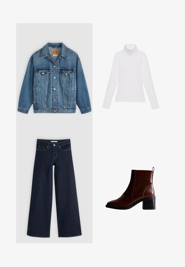 Blaue Denimjacke mit Knopfleiste vorne, zwei Brusttaschen mit Knöpfen, Seitentaschen und einem Kragen, flach auf einem hellen Hintergrund ausgelegt.; Weißes Langarm-Turtleneck-Oberteil aus glattem, elastischem Stoff. Mit hohem Kragen und tailliertem Schnitt, ohne sichtbare Muster oder Verzierungen.; Weite Jeans aus dunkelblauem Denim mit orangefarbenen Nähten, Knopfverschluss, zwei vorderen Taschen und einer glatten Textur. Verfügt über einen sauberen Saum.; Braune Leder-Ankle-Boots mit quadratförmiger Spitze und seitlicher Naht, einem 7,5 cm hohen Blockabsatz und einem Ziehhilfen an der Rückseite für einfaches An- und Ausziehen.