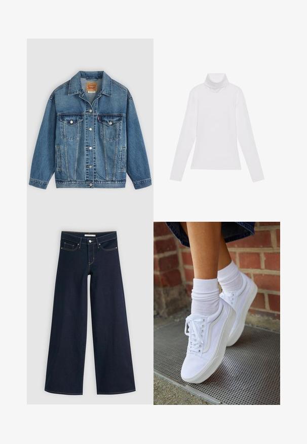 Blaue Denimjacke mit Knopfleiste vorne, zwei Brusttaschen mit Knöpfen, Seitentaschen und einem Kragen, flach auf einem hellen Hintergrund ausgelegt.; Weißes Langarm-Turtleneck-Oberteil aus glattem, elastischem Stoff. Mit hohem Kragen und tailliertem Schnitt, ohne sichtbare Muster oder Verzierungen.; Weite Jeans aus dunkelblauem Denim mit orangefarbenen Nähten, Knopfverschluss, zwei vorderen Taschen und einer glatten Textur. Verfügt über einen sauberen Saum.; Weiße Leinensneaker mit Gummisohlen, ausgestattet mit sechs Ösen, runder Zehenpartie und dezenten Nähten, kombiniert mit weißen Knöchelsocken.