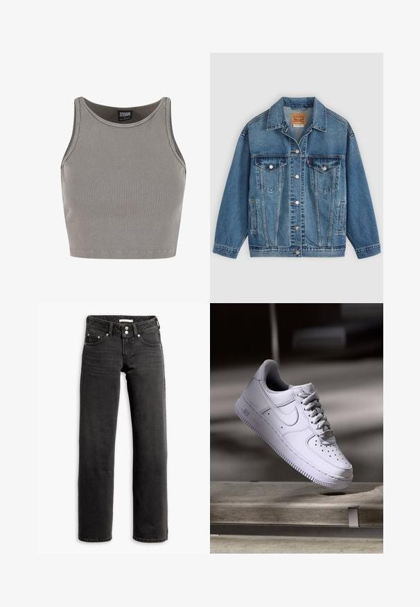 Blå denimjakke med knapper foran, to brystlommer med knapper, sidelommer og en krave, lagt fladt på en lys baggrund.; Urban Classics CROPPED - Top - steelgrey; Sorte straight-leg jeans med for- og baglommer, bæltestropper og dobbeltknaplukning i taljen.; Hvid Nike Air Force 1 sneaker svævende over en betonoverflade med skygger i et minimalistisk miljø.