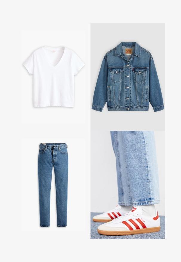 Chaqueta vaquera azul con botones en la parte delantera, dos bolsillos en el pecho con botones, bolsillos laterales y cuello, colocada plana sobre un fondo claro.; Camiseta blanca de algodón con escote en V, mangas cortas y dobladillo recto. Textura suave, diseño minimalista, sin estampados ni acentos.; Jeans de mezclilla de color azul claro con corte recto, cinco bolsillos y cierre de botón estándar. Presentan costuras en color naranja y una textura ligeramente desvanecida.; Zapatillas de cuero blancas con rayas y detalles rojos. Cuentan con una suela de goma texturizada y un collar acolchado. Llevadas con denim azul claro.