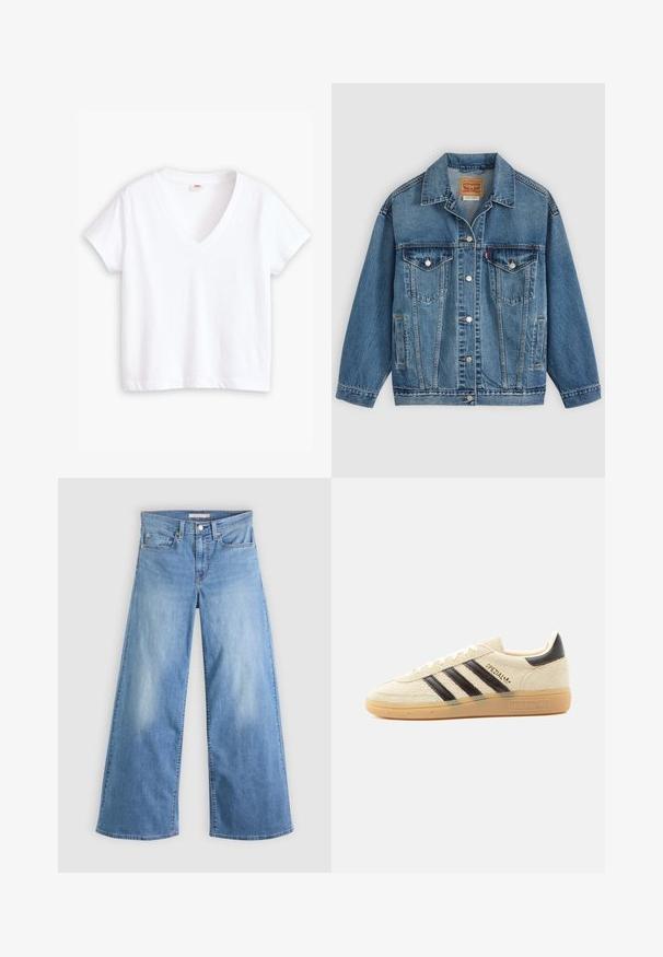 Chaqueta vaquera azul con botones en la parte delantera, dos bolsillos en el pecho con botones, bolsillos laterales y cuello, colocada plana sobre un fondo claro.; Camiseta blanca de algodón con escote en V, mangas cortas y dobladillo recto. Textura suave, diseño minimalista, sin estampados ni acentos.; Vaqueros de pierna ancha en azul claro hechos de denim, con cintura alta, cierre frontal con cremallera y botón, y diseño clásico de cinco bolsillos.; Zapatilla de ante color crema con rayas negras, suela de goma, lengüeta negra en el talón y texto dorado "SPEZIAL" en el lateral.