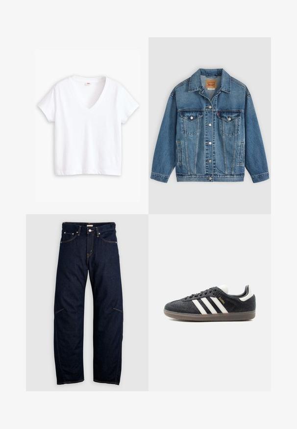 Chaqueta vaquera azul con botones en la parte delantera, dos bolsillos en el pecho con botones, bolsillos laterales y cuello, colocada plana sobre un fondo claro.; Camiseta blanca de algodón con escote en V, mangas cortas y dobladillo recto. Textura suave, diseño minimalista, sin estampados ni acentos.; Pantalones vaqueros de mezclilla azul oscuro con corte de pierna recta, que presentan bolsillos delanteros y traseros, y costuras amarillas contrastantes. Sin adornos visibles.; Zapatilla Adidas Samba negra con franjas blancas, suela de goma y texto dorado "Samba" en el lateral, vista de perfil izquierdo sobre fondo liso.