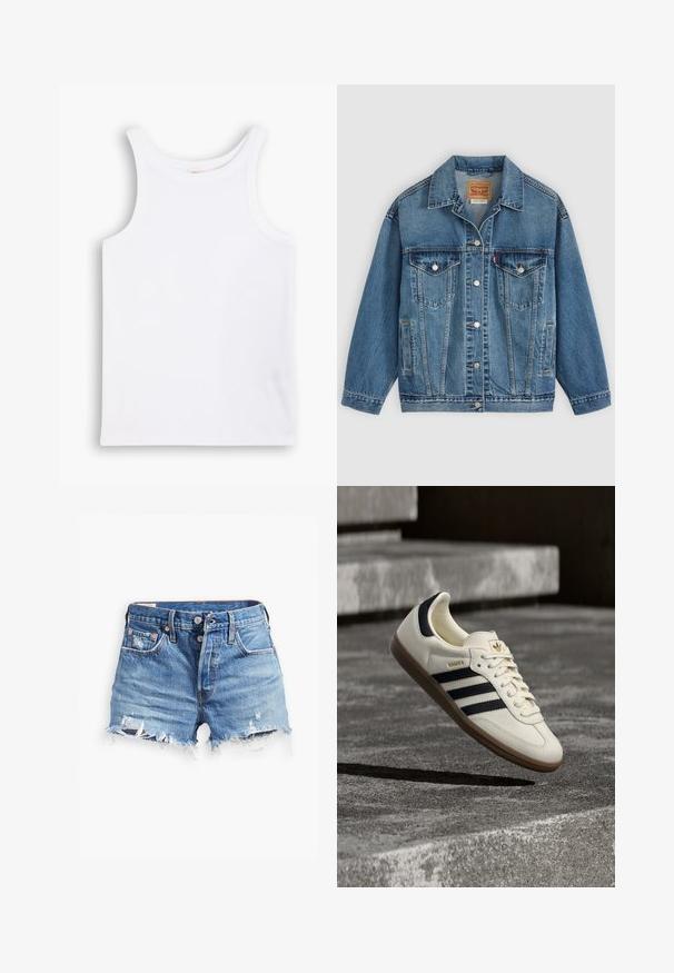 Blauwe spijkerjas met knoopsluiting aan de voorkant, twee borstzakken met knopen, zijzakken en een kraag, plat neergelegd op een lichte achtergrond.; Witte katoenen tanktop met brede schouderbanden, een ronde halslijn en een gladde, geribbelde textuur. Geen patronen of accenten aanwezig.; Lichtblauwe denim shorts met rafelige zoom, een hoge taille, knoopsluiting en twee zijzakken; versleten details voegen textuur toe.; Witte Adidas Samba sneaker met zwarte strepen en gumzool, zwevend boven gestructureerde grijze betonnen treden.
