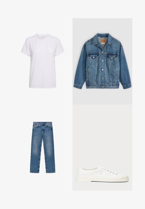 Chaqueta vaquera azul con botones en la parte delantera, dos bolsillos en el pecho con botones, bolsillos laterales y cuello, colocada plana sobre un fondo claro.; Camiseta blanca de manga corta hecha de algodón suave. Presenta un cuello redondo y un diseño simple y sin costuras, sin adornos ni patrones.; Vaqueros vaqueros azules de pierna recta con botón y cremallera frontales, cinco bolsillos y un ligero desgaste en los muslos y las rodillas.; Zapatilla de lona blanca con puntera redonda, cierre de cordones y un discreto detalle de logo. Presenta una tela texturizada y suela de goma.