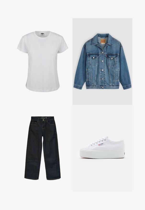Veste en jean bleu avec fermeture à boutons à l'avant, deux poches poitrine avec boutons, poches latérales et col, posée à plat sur un fond clair.; T-shirt en coton blanc avec un col rond classique, des manches courtes et un ourlet droit. Présente une étiquette avec "URBAN CLASSICS" en noir.; Jean en denim large bleu foncé avec poches avant et poche à monnaie, surpiqûres jaunes contrastantes, fermeture à bouton et passants de ceinture.; Baskets en toile blanches avec une épaisse semelle plateforme blanche, bout rond et œillets en métal pour les lacets. Logo de la marque affiché sur le côté.